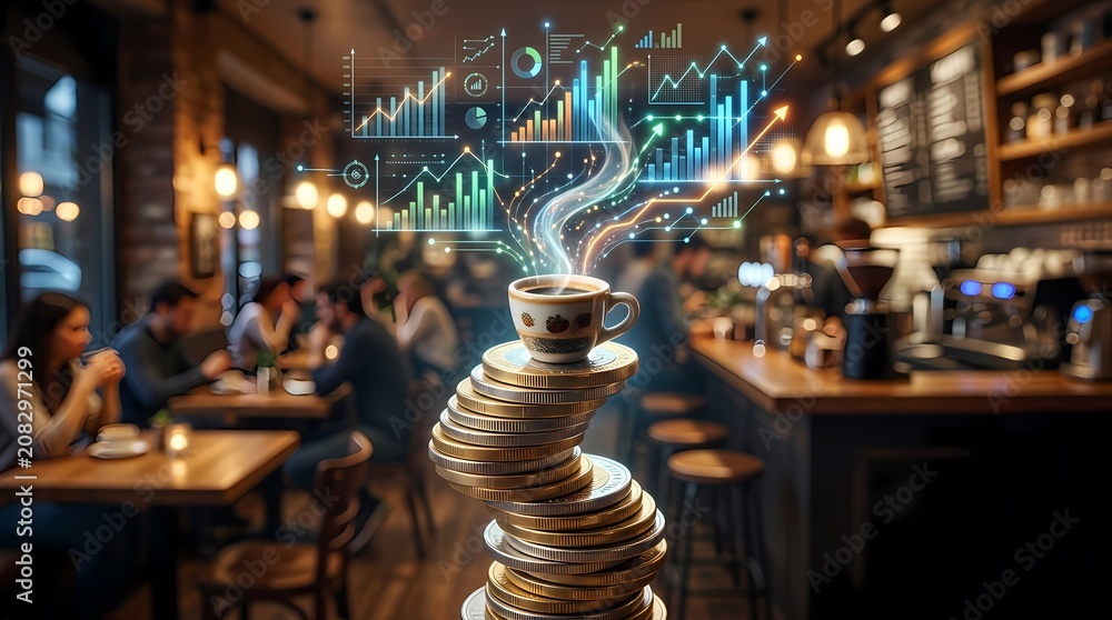 Obraz premium Financial Growth and Business Success Concept with Coffee Cup on Stacked Coins and Digital Charts in Cafe
