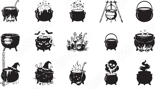 Halloween Witch Cauldron Icons Set - Magic Potion Pot, Boiling Cauldron and Spell Vector Collection