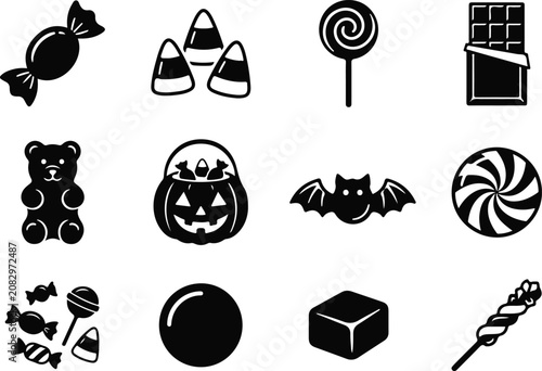 Halloween Candy Icons Set - Candy Corn, Lollipop, Chocolate, Gummy Bear, Bat Candy and Sweet Treat Vector Collection