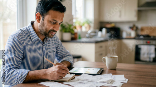 portrait of a father calculating his children's college expenses, an Indian man taking notes on a notepad while checking tuition receipts, copy space for text with a back-to-school concept