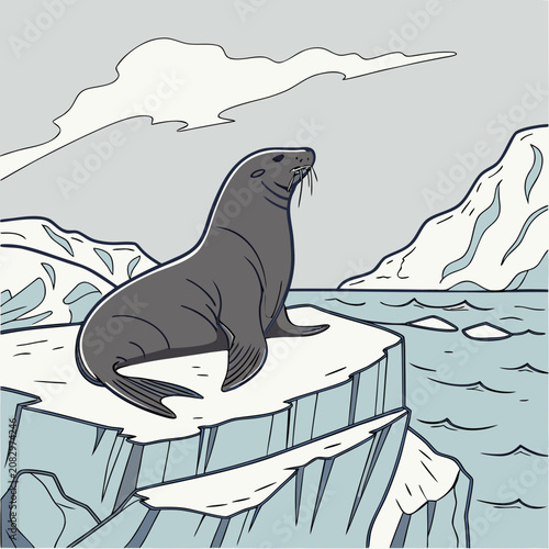 Foto Seal standing on a rocky outcrop near the water with cold weather seal colony ic