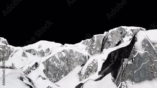 Snowy mountain peaks with alpha channel, winter mountain range on transparent background, cinematic snow covered rocky ridge for vfx