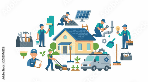 A vibrant illustration showcasing a house surrounded by various workers performing tasks