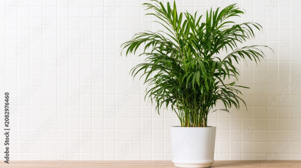 Fototapeta premium Potted green plant in white container on wooden surface with tiled wall background