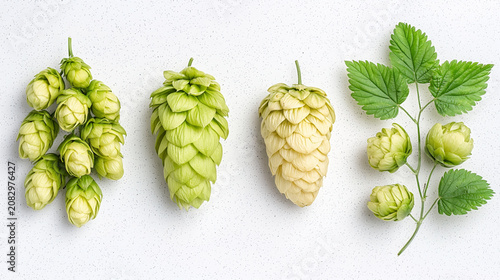 Four types of hop cones and hop leaves arranged in a row on a white textured background.