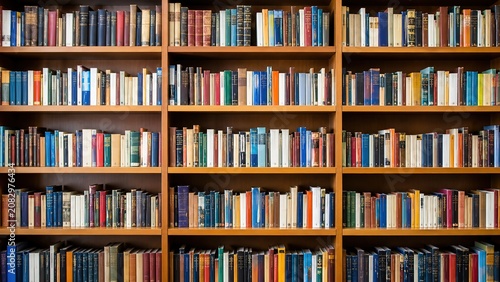Modern workplace with notebook on desk and bookshelf background in a library or study room. Concept of education, productivity, research, reading, learning, academic work, knowledge management,