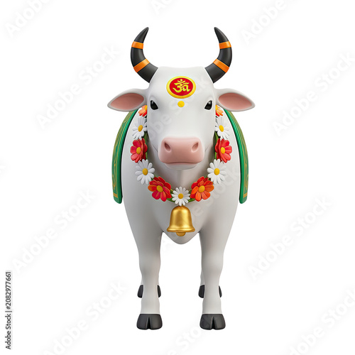 Decorated Cow with Om Symbol and Flower Garl