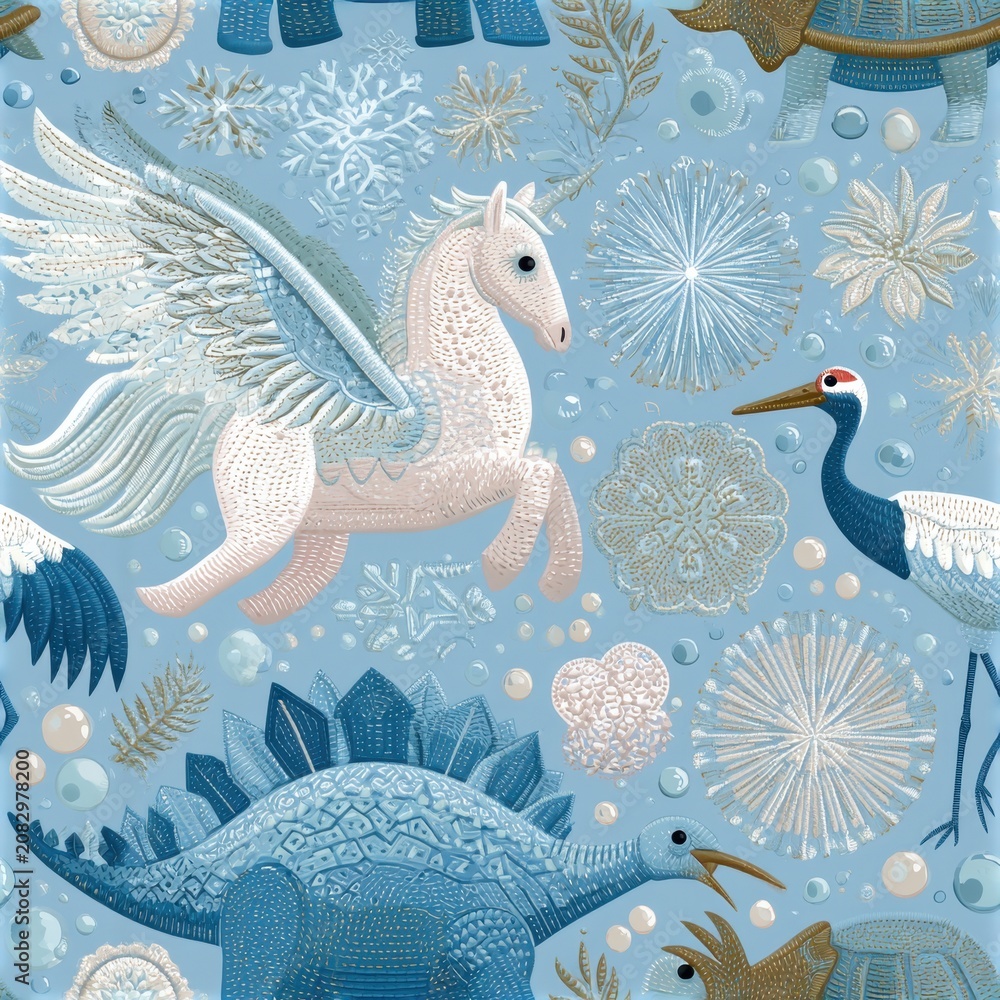 Fototapeta premium Fantasy Creatures and Snowflakes Seamless Pattern in Cold Blue Tones Design