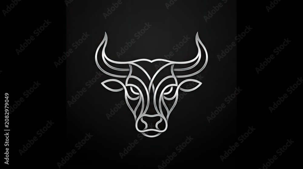 Fototapeta premium Monoline white bull head logo on dark background.