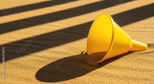 A vibrant yellow plastic funnel is half-buried in hot golden beach sand under intense bright summer sunlight creating stark shadows, sand, golden, bright