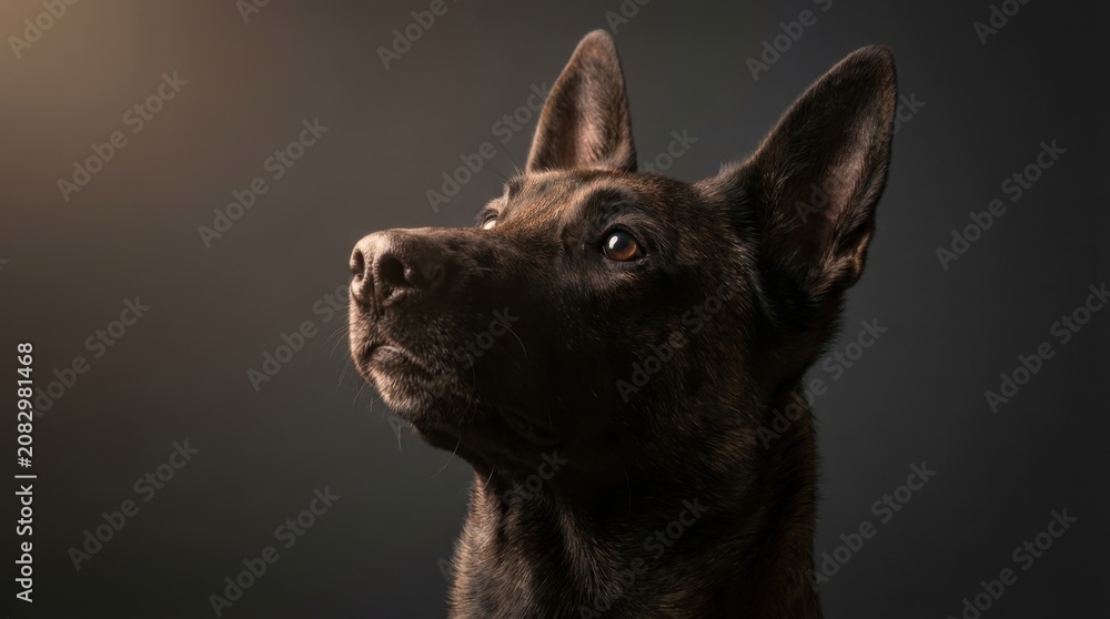 Fototapeta premium Elegant Portrait of a Black Dog Gazing Upward with Focused Expression Against Dark Background.