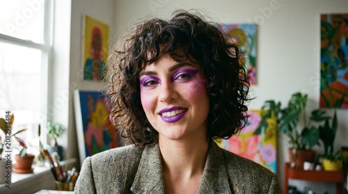 portrait of a woman wearing bold purple makeup