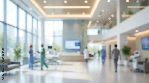 Blurred hospital lobby background medical center hallway interior healthcare clinic nurses doctors walking modern bright atrium facility