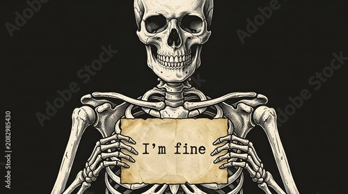 Skeleton holding im fine sign