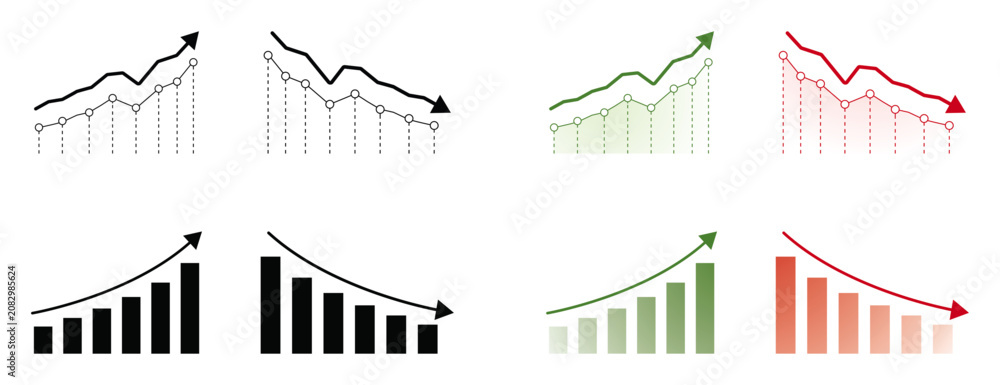 Obraz premium Business chart icons showing growth, decline, analytics, finance, and statistics concepts with bar graphs, line charts, and arrows for market reports, investment analysis, and data visualization.