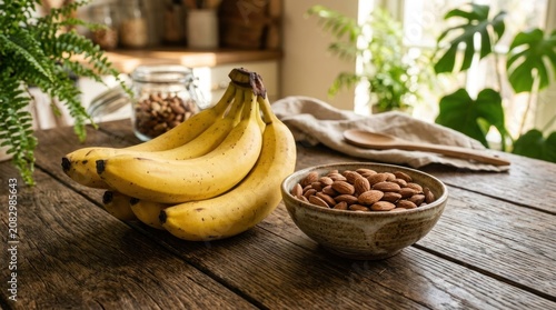 Bunch of Ripe Bananas and Bowl of Almonds on Wooden Table.