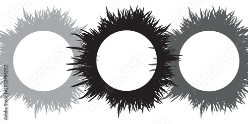 Grunge Circular Frames Trio With Spiky Sunburst Borders For Graphic Design And Decorative Use