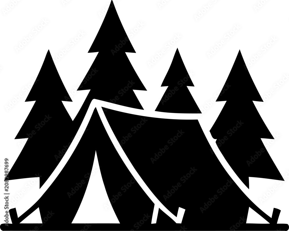 Fototapeta premium Tent pitched in forest with pine trees during outdoor recreation Vector Silhouette Isolated on white background
