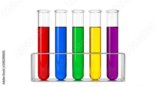 Laboratory test tubes with colorful liquids in rack, glass chemistry vials for scientific research, medical diagnostic equipment for pharmacy isolated PNG with Transparent Background
