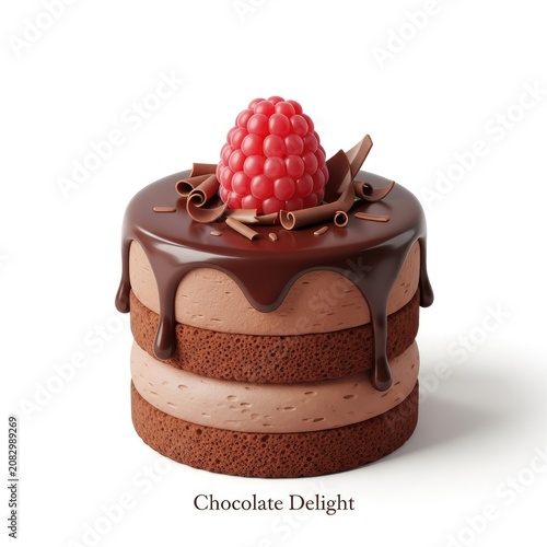Decadent Chocolate Delight Cake with Raspberry Topping on White Background.