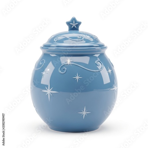 Blue Ceramic Cookie Jar with Star and Swirl Decorations.