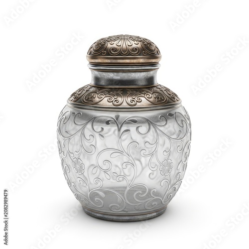 Antique Ornate Glass Jar with Silver and Gold Filigree Lid.