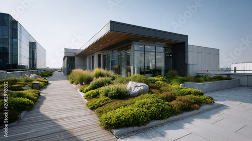 Modern rooftop garden with green plant and walkway at office building terrace