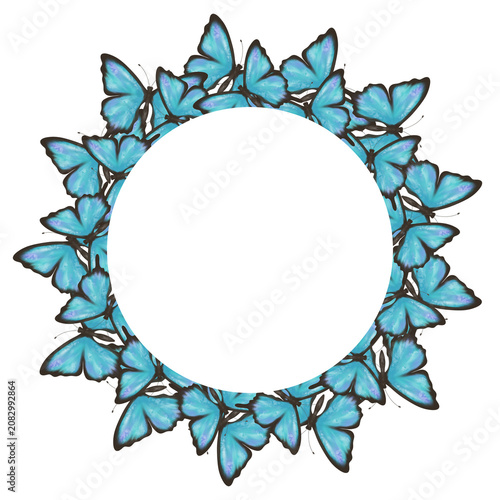 Elegant blue butterfly wreath with circular copy space on a clean white background. Decorative nature frame for greeting cards, invitations, branding, posters and seasonal designs