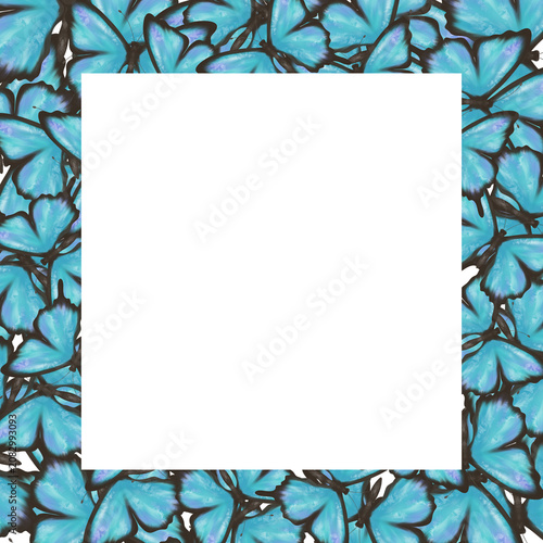 Elegant blue butterfly frame with centered square copy space surrounded by delicate wings. Decorative nature background for greeting cards, invitations, social media, posters and branding