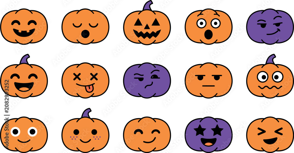 Fototapeta premium Cartoon pumpkin emoticons collection halloween faces vector illustration