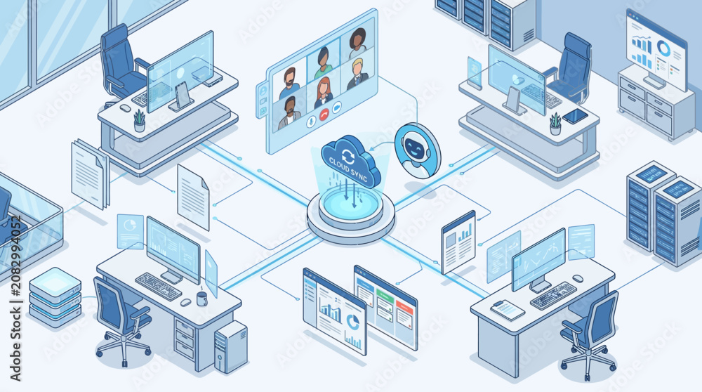 Fototapeta premium Isometric illustration of a modern office environment with cloud computing and networked workstations, showing data flow and remote collaboration.