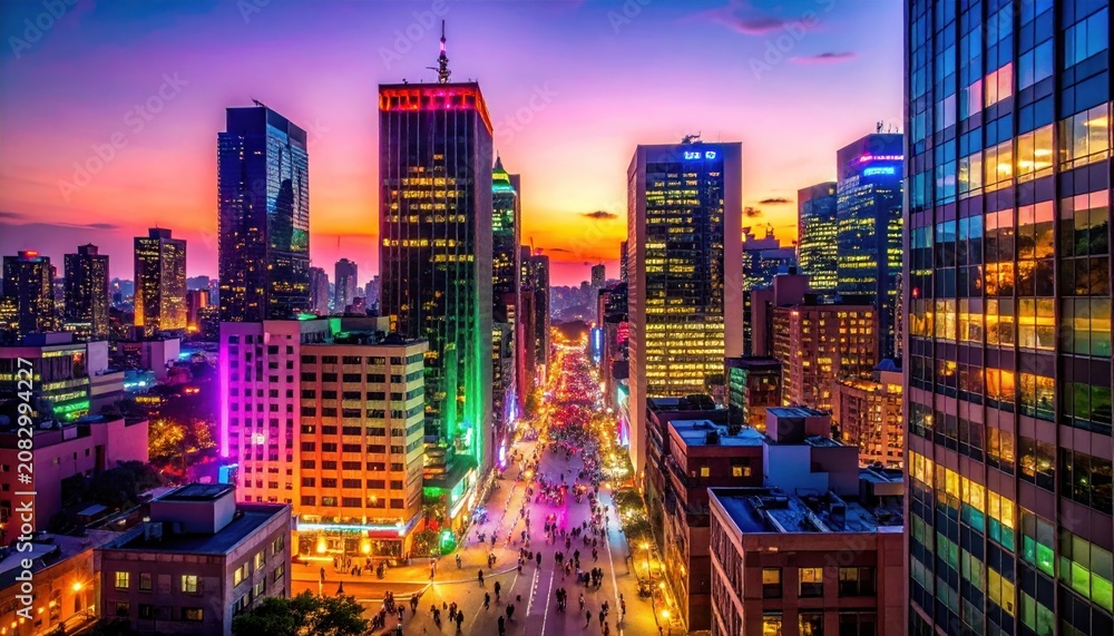 Obraz premium Vivid city skyline at dusk, bathed in colorful lights, with bustling streets below