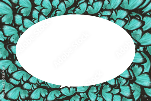 Luxurious turquoise butterfly frame with elegant oval copy space surrounded by vibrant wings. Decorative nature background ideal for invitations, greeting cards, posters and premium designs.