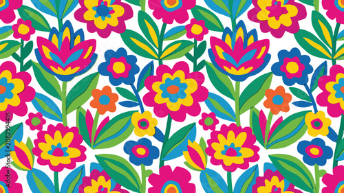 Cuadro en lienzo A vibrant and colorful seamless floral pattern with bold graphic flowers and lea
