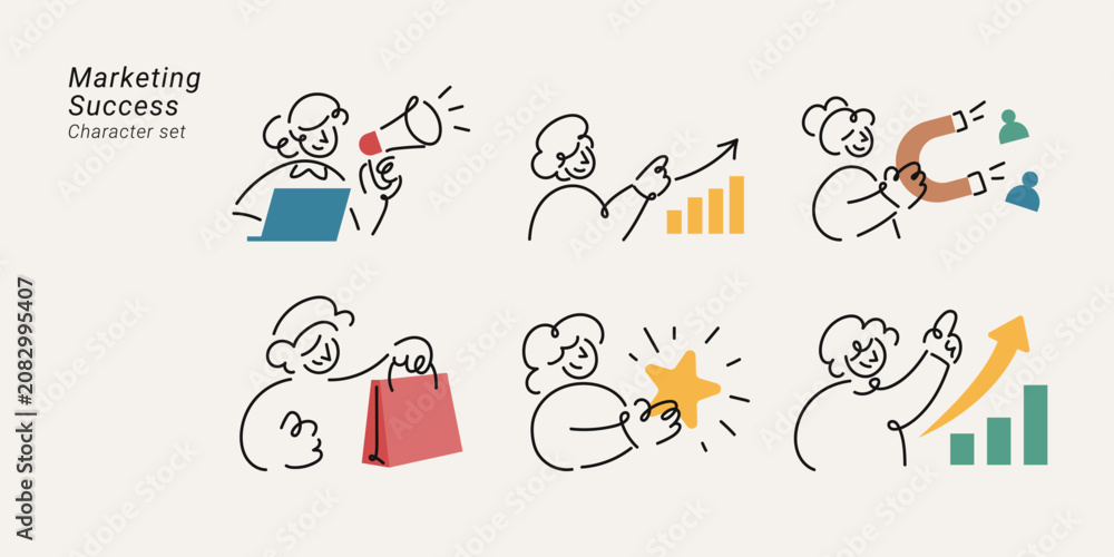 Fototapeta premium Line art character set featuring diverse people in various marketing, growth and success concepts illustration.