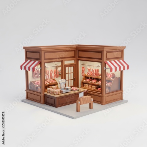 Miniature Butcher Shop and Bakery Corner Storefront with Striped Awnings.