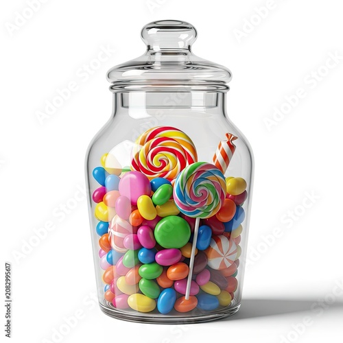 Colorful Assortment of Candies and Lollipops in a Clear Glass Jar.