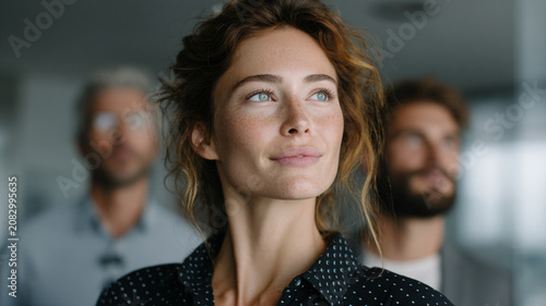 Young woman portrait diverse professional team office background blurred people thoughtful expression business portrait teamwork coworker