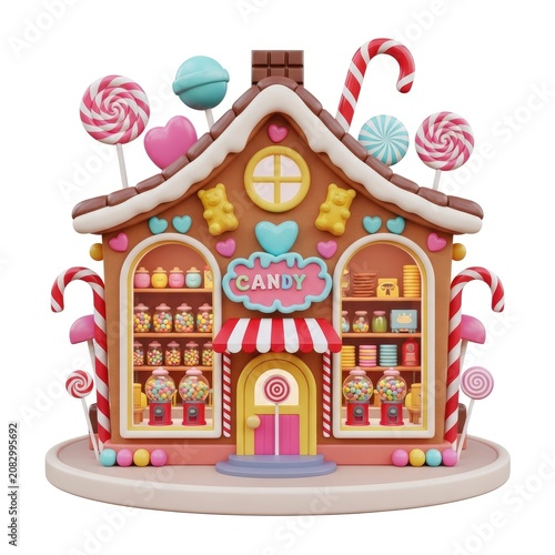 Sweet Gingerbread Candy House with Colorful Lollipops and Gummy Bears.