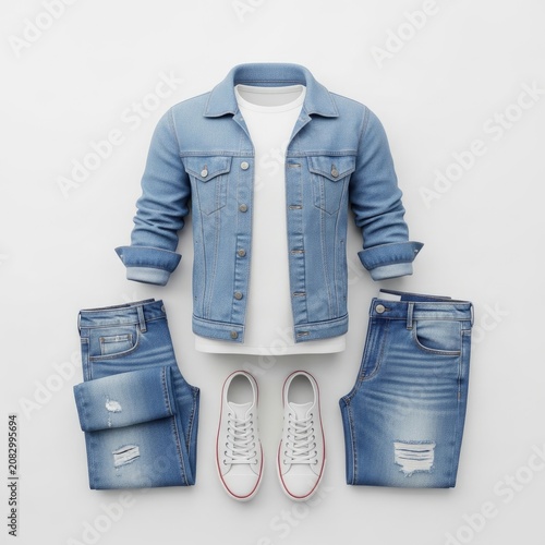Stylish Denim Outfit Flat Lay with Jacket, Jeans, and Sneakers on White Background.