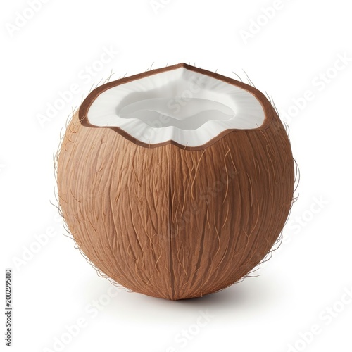 Half Coconut Isolated on White Background with Visible Flesh.
