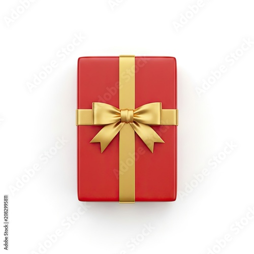 Red Gift Box with Golden Ribbon on White Background.