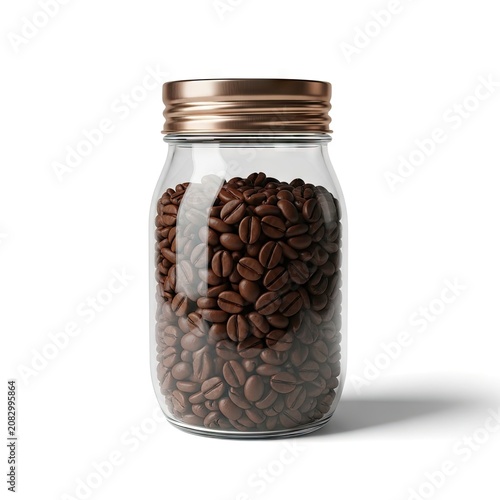 Coffee Beans in Glass Jar with Copper Lid Isolated on White Background.