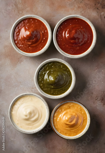 Five bowls of assorted sauc...