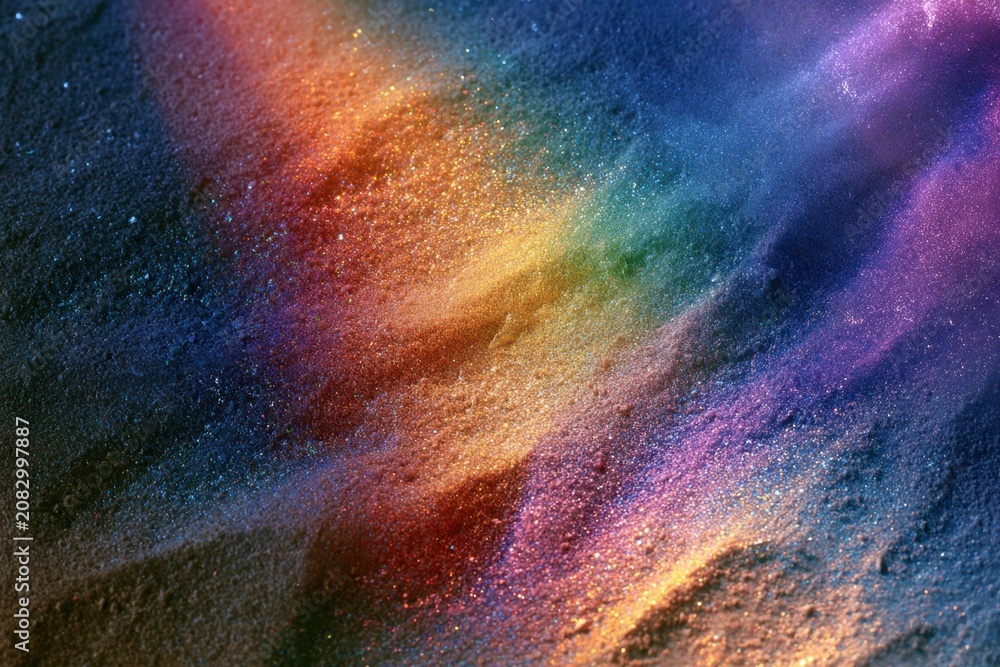Fototapeta premium Abstract glitter sand texture with colorful light streaks and shimmer
