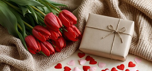 A cozy setting featuring colorful tulips, a gift wrapped with a bow, and heart-shaped confetti for Mother's Day.