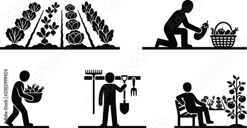 Organic Farming and Gardening Silhouette Icon Set