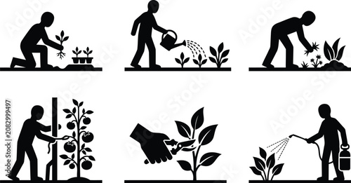 Garden Maintenance and Plant Growth Silhouette Icon Collection