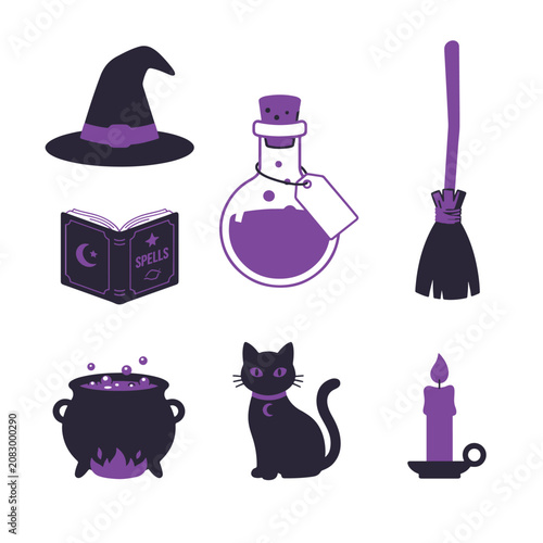 Foto Set of magical Halloween icons with witch hat and potion