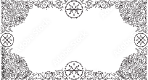 Fotografie Ornate vintage style frame with decorative floral elements and compass rose moti